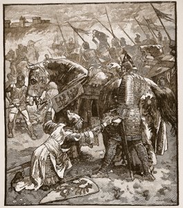 Robert beder sin far om undskyldning, illustration fra Cassells Illustrated History of England (sepiafoto) af English School