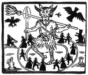 Robin Goodfellow, repræsenteret som Priapus med gedehorn, oprejst penis og omgivet af en kreds af dansende tilbedere af English School