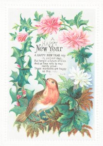 Robin og blomster, nytårskort af English School