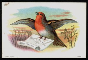 Robin med en julebesked, lykønskningskort. (chromolitho) af English School