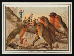 Råger og en gruppe optrædende, julehilsenkort. (chromolitho) af English School