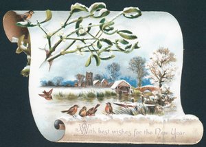 Robins ved siden af flodbredden, nytårskort af English School