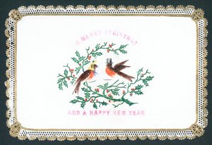 Robins iført hatte, julekort af English School