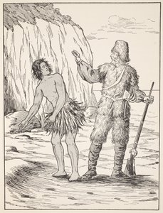 Robinson Crusoe og Friday, illustration fra The Story of Robinson Crusoe: En tilpasning for børn efter Defoes sprog, pub. af Griffith Farran Browne & Co. Limited, London af English School