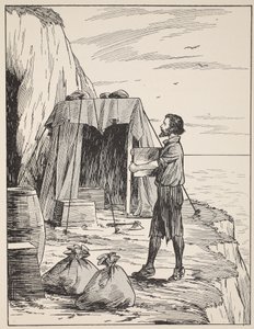 Robinson Crusoe bygger sit husly, illustration fra The Story of Robinson Crusoe: En tilpasning for børn efter Defoes sprog, pub. af Griffith Farran Browne & Co. Limited, London af English School