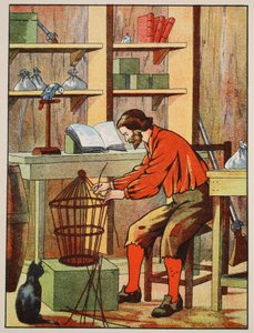 Robinson Crusoe laver et bur til sin papegøje, illustration fra The Story of Robinson Crusoe: En tilpasning for børn efter Defoes sprog, pub. af Griffith Farran Browne & Co. Limited, London af English School
