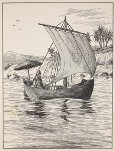 Robinson Crusoe på sin båd, illustration fra The Story of Robinson Crusoe: En tilpasning for børn efter Defoes sprog, pub. af Griffith Farran Browne & Co. Limited, London af English School