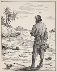 Robinson Crusoe på sin ø, illustration fra The Story of Robinson Crusoe: An adaptation for children following Defoes language, pub. af Griffith Farran Browne & Co. Limited, London af English School