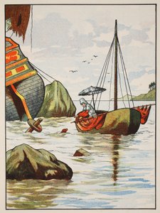 Robinson Crusoe redder en hund fra et spansk skibsvrag, illustration fra The Story of Robinson Crusoe: En tilpasning for børn efter Defoes sprog, pub. af Griffith Farran Browne & Co. Limi af English School