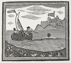 Robinson og Xury flygter fra heden, illustration fra Chap-books of the Eighteenth Century af John Ashton, pub. 1882 af English School