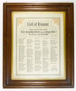 Æresrulle, mænd fra Den Kongelige Mønt, der sluttede sig til kræfterne under Første Verdenskrig, ca. 1918 (pen & blæk på papir i træramme) af English School