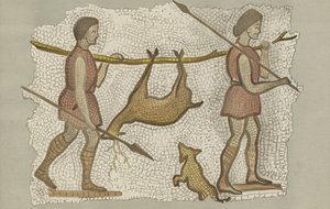 Romersk mosaik, der viser to mænd, der bærer en hjort (farve litho) af English School