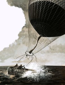 Rosemary Mudie og hendes mand forsøger en transatlantisk passage med ballon (gouache på papir) af English School