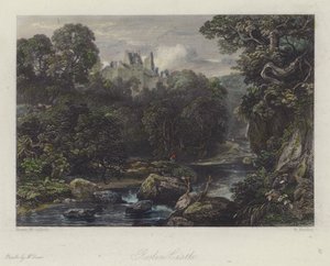 Roslin Castle, Skotland (farvet gravering) af English School