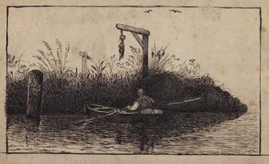 Ruderboot passiert einen Galgen von English School