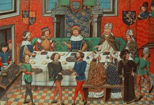 Roy 14 E IV f.244v Duke of Lancaster spiser middag med kongen af Portugal, fra Vol. III "Fra Richard II