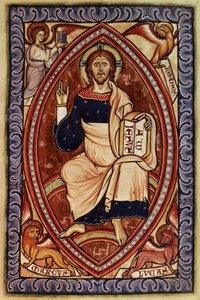 Roy 2 A XXII f.14 Kristus i majestæt med symboler for evangelisterne, fra Westminster Psalter, ca. 1250 (vellum) af English School