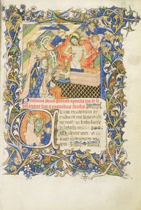 Roy 2 B I f.8 Kronet skikkelse støttet af en gråskægget helgen, der knæler foran et billede af Pity, fra Salteren af Humphrey Duke of Gloucester, ca. 1420-30 (vellum) af English School