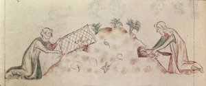 Roy 2 B VII f.155v Kvinder, der fanger en kanin med et net og en ilder, fra 
