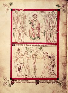 Roy 2 B VII f.3v Gud i en mandorla omgivet af musikengle, Evans fristelse, fra Queen Mary Psalter, c.1310-20 (vellum) af English School