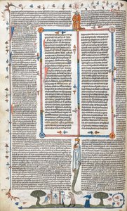 Royal 10 E. IV, f.30v, Tekst og bas-de-page scene af en mand og en kvinde uden for en bygning, fra 
