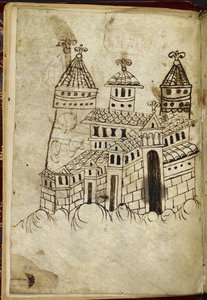 Royal 15 A. XVI romansk bygning med tre tårne (blæk på vellum) af English School