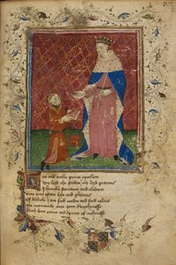 Royal 17 D. VI, f.40 Thomas Hoccleve knæler i færd med at tilbyde sin bog til kong Henry V, illustration fra 