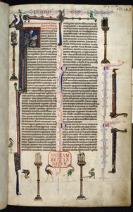 Royal 1 D I, f.1r, Jerome, brødre på søjler, fra Bibelen af William af Devon (vellum) af English School