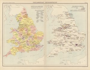 Royal Atlas, ca. 1900: Parlamentarisk repræsentation (farve litho) af English School