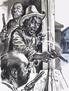 Ruffian Cowboys skyder fra vinduet af English School