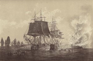 Russisk skib Vsevolod ødelagt i nærværelse af den russiske flåde efter aktionen med HMS Implacable, knyttet til den svenske flåde og kommanderet af kaptajn Thomas Byam Martin, i Østersøen, 26. august 1808 (litho) af English School