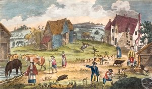 Rustik gårdscene (farvegravering) af English School
