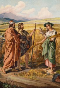 Ruth spørger Boaz, om hun kan sanke i hans mark (chromolitho) af English School