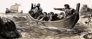 Saint Malo flygter fra plyngende vikinger (gouache på papir) af English School