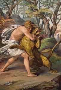 Samson dræber løven (chromolitho) af English School