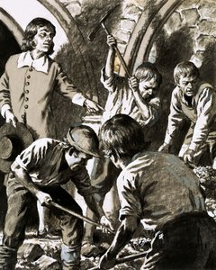 Samuel Pepys optog, hvordan han forsøgte at finde Barksteads skatkammer (gouache på papir) af English School