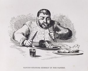 Sancho stopft sich in der Speisekammer voll, Akt III, Szene XI aus Don Quixote in England. Eine Komödie, graviert von Sears, veröffentlicht 1733 von English School