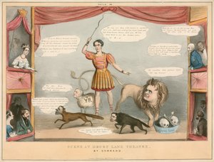 Scene fra Drury Lane Theatre, London; tegneserie af English School