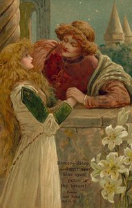 Scene fra Romeo og Julie af William Shakespeare (farvelitografi) af English School