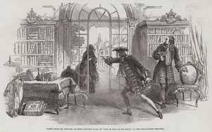 Scene fra Sir Edward Bulwer Lyttons skuespil af "Not So Bad As We Seem," på Haymarket Theatre (gravering) af English School