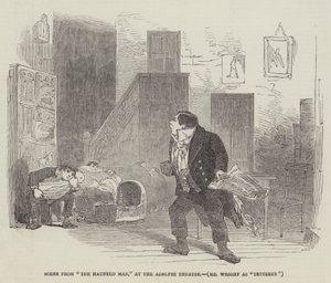 Scene fra "The Haunted Man," på Adelphi Theatre, Mr Wright som "Tetterby" (kobberstik) af English School