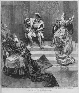 Scene fra en produktion af Shakespeares Henry VIII på Lyceum Theatre, London (litho) af English School