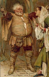 Scene fra The Merry Wives of Wndsor af William Shakespeare (farvelitografi) af English School