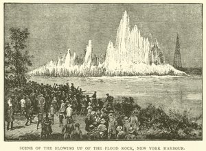 Scene af sprængningen af Flood Rock, New York Harbor (gravering) af English School