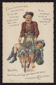 Skotte tager sin berusede ven med hjem i en trillebør (chromolitho) af English School