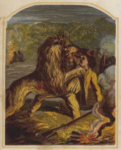 Den skotske missionær David Livingstone angrebet af en løve i Afrika (chromolitho) af English School