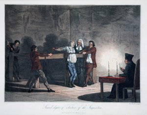 Anden grad af tortur af inkvisitionen, indgraveret af L.C. Stadler, pub. af Cadell & Davies, London, ca. 1813 (farvet gravering) af English School