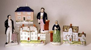 Udvalg af betitlede Staffordshire-figurer: Stanfield Hall; Potash Farm; Palmers hus; Emily Sandford; James Bloomfield Rush; William Palmer, ca. 1849 (keramik) af English School