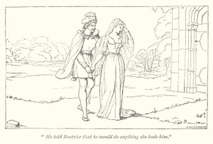 Shakespeares Much Ado About Nothing; Beatrice beklager Heros skændsel over Benedick (gravering) af English School