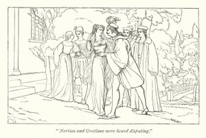 Shakespeares Købmanden i Venedig; Portia opdager sig selv som den foregivne Doctors of Laws (gravering) af English School